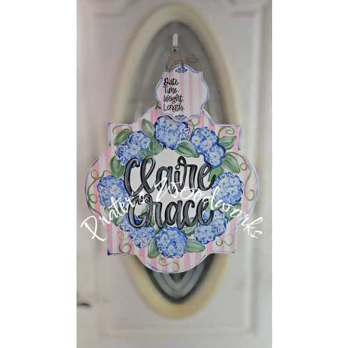 Custom Hydrangea Baby Girl Announcement: Birth Stat Door Hanger