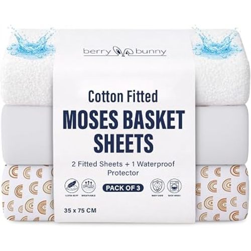 Berry & Bunny 3 Pack Moses Basket Sheets 35 x 75 cm – 100% Cotton 2 Fitted Sheets & 1 Waterproof Mattress Protector Cover – Soft Breathable Baby Fitted Sheet for Baby Mattress – White Rainbow