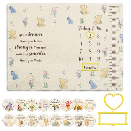 Classic Pooh Baby Monthly Milestone Blanket, Winnie Baby Blanket Growth Chart, Blanket with Photo Tools, with Double-Sided Printed Cardstock（16 Unforgettable Moments of Babies） 30 * 40in
