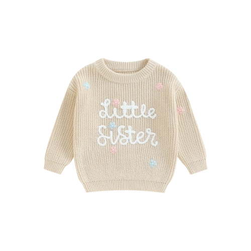 Qtinghua Toddler Baby Girl Long Sleeve Knit Sweater Little Sister Letter Embroidery Round Neck Pullover Fall Winter Tops