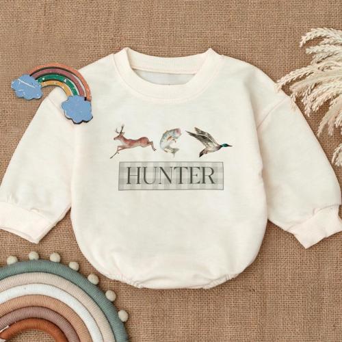Personalized Hunting Nursery Romper Sweatshirt, Custom Name Toddler Outfit, Deer Duck Fish Baby Outfit,Baby Shower Gift,Outdoor Baby Clothes