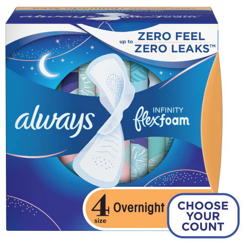 Always Infinity Feminine Pads with wings, Size 4, Overnight Absorbency, Unscented, 38 Ct HSA/FSA Eligible