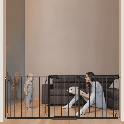 "Fairy Baby Safety Gate, Extra Wide 76-86"", Child and Toddler Easy Walk-through, Black Metal"