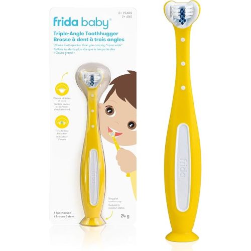 Frida Baby Triple-Angle Toothhugger Training Toddler Toothbrush | Toddler Toothbrush 2 Years and Up, Cleans All Sides at Once | Yellow