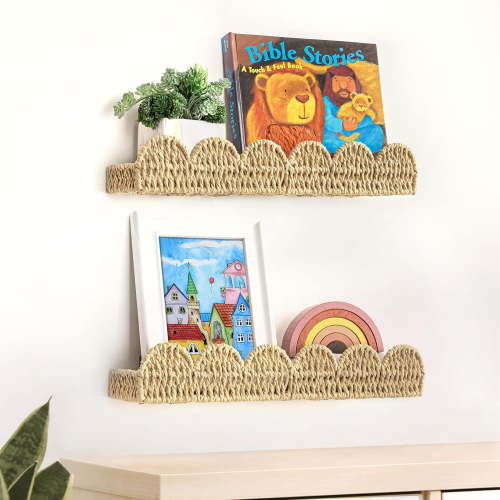Scalloped Nursery Bookshelf, Set of 2, Picture Ledge Shelf for Wall Decor, Woven Straw Paper Floating Shelves for Books, Toys, Photo Frames, Nursery, Boho Modern Farmhouse Book Shelf, Beige