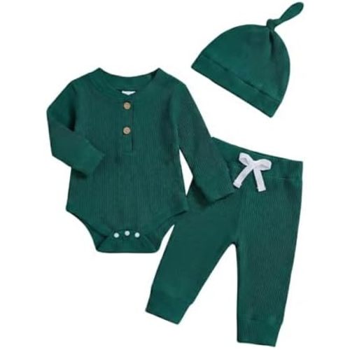 Newborn Baby Boy Clothes Long Sleeve Ribbed Bodysuit Pants Hat 3-Piece Outfit Set