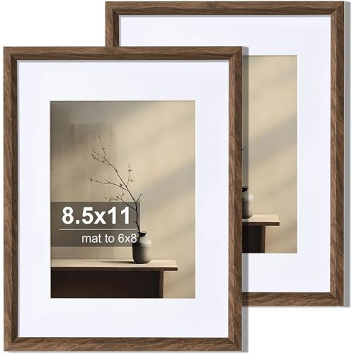 Axeman 8.5x11 Picture Frame Set of 2, Display 6x8 Pictures with Mat or 8.5x11 without Mat, Thin Border Wall Gallery Photo Frames for Wall and Tabletop Display, Walnut