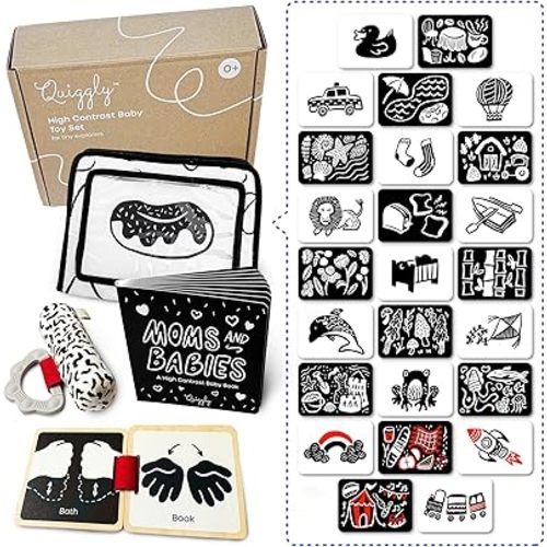 Quiggly High Contrast Baby Toy Set - Black and White Newborn Sensory Toys - Tummy Time Mirror, 25 Visual Stimulation Cards & Board Book - Infant Play Kit for Newborns 0-3 Months (Standard)