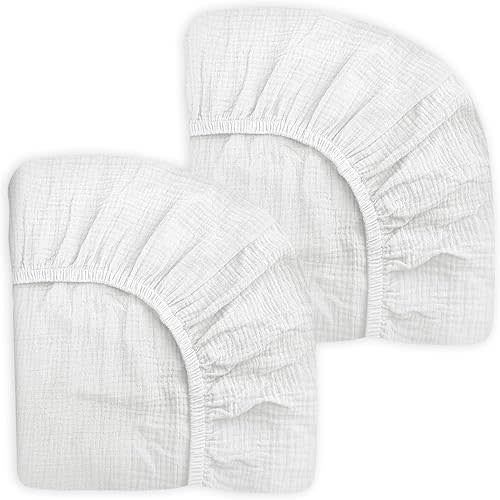 Pack and Play Sheets for Baby Boy and Girl 2 Pack, Neutral Muslin Cotton Pack N Play Mattresses Sheet 27"x39", Muslin Nursery Bedding Soft and Breathable Comfort (White & White)
