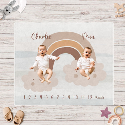 Personalized Twins Milestone Blanket, Boho Rainbow, New Baby Gift