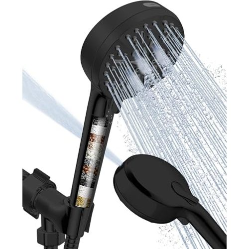 Filtered Shower Head with Handheld Matte Black, BOWGER 6 Modes High Pressure Shower Heads with Power Wash Mode and Hard Water Filter, Detachable Hand Held Showerhead Set with Extra Long Hose