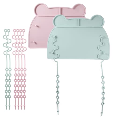 Picowe 2 Pack Silicone Suction Placemats for Babies with 8 Elastic Straps, Non-Slip Toddler Placemats for Dining Table, High Chair, Restaurant Use - Pink & Green