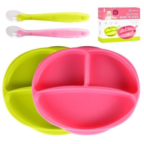 Silicone Suction Plate for Baby - 100% Food Grade Silicone Divided Plate | Toddler Self Feeding Training Suction Plate Set | BPA-Free (Green & Pink)