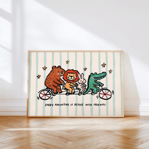 Adventure With Friends Printable, Colorful Animals Kids Playroom Poster, Nursery Wall Decor