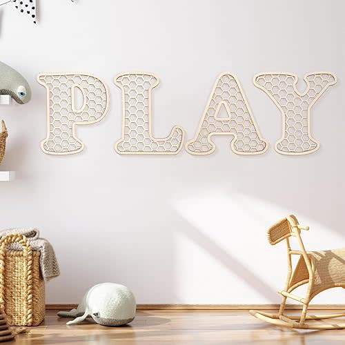 Play Sign - 12 In Wooden Rattan Letters Playroom Sign, Playroom Wall Decor for Toddler Girls Boys, Play Room Wall Decor for Kids Playroom Nursery Room Decorations