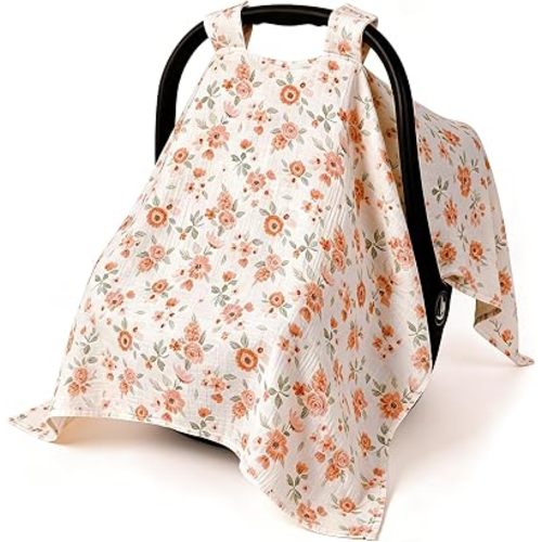 100% Muslin Cotton Baby Car Seat Cover Orange Floral