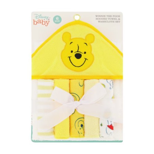 Disney Baby Winnie the Pooh Hooded Towel with 5 Piece Washcloth Set
