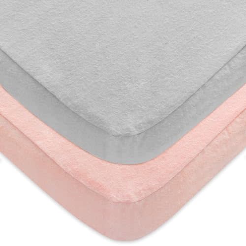 Pack 'n Play 2-Pack, 100% Cotton Flannel, Portable Mini Crib Sheets, Fitted Playard Mattress Cover for Girls & Boys, Ultra Soft Warm Breathable Convertible Playpen Sheet, Grey & Pink