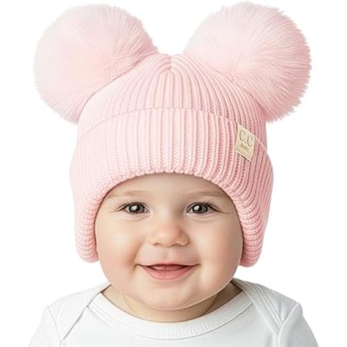 Funky Junque Double Pom Pom Baby Beanie – Newborn Girl Winter Hat 0–12 Months, Cute Cozy Knit Infant Beanies for Cold Weather