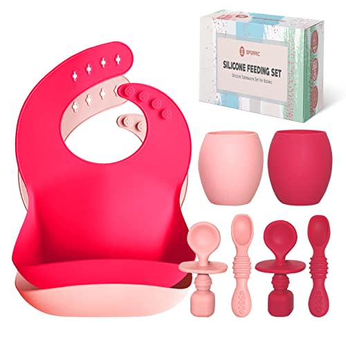 Sperric Baby Silicone Feeding Set - Baby Led Weaning Utensils, Silicone Bibs, Infant Feeding Cups For Boys, Girls, & Toddlers Smooth Waterproof Material For Practical Eating, Set of 8