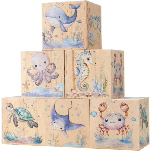 6 Pcs Ocean Animal Nursery Decor Blocks Wooden Shelf Decor for Baby Nursery Room Kids Bedroomm