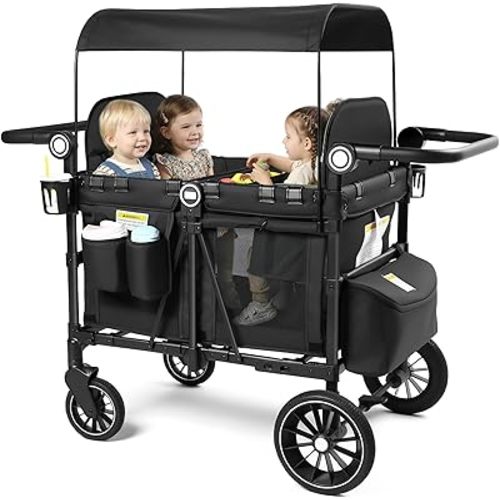 Kinder King Wagon Stroller for 4 Kids, All-Terrain Foldable Outdoor Stroller Wagon 4 Seater, Removable Canopy, Adjustable Handle, Shock-Absorbing Wheel, Detachable Tray, Large Storage, Black