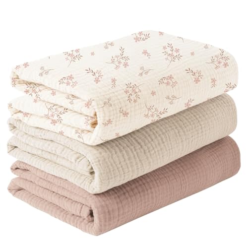Konssy 3 Pack Muslin Swaddle Blankets for Unisex, Newborn Receiving Blanket, Large 47 x 47 inches, Soft Breathable Muslin Baby Swaddles for Boys & Girls