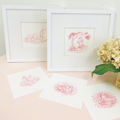 Toile Prints in Pink - lamb, wagon, and swing