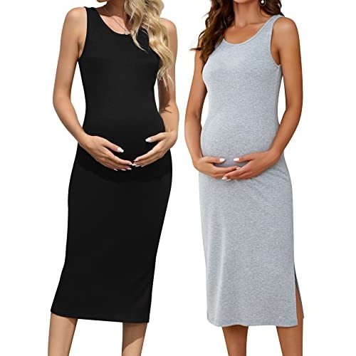 Brynmama 2 Pack Casual Maternity Skirt Summer Pregnancy Dress Sleeveless Side Split Midi for Pregnant Women
