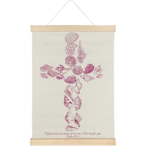 SereneHanctuary Christian Pink Coastal Beach Wall Art, Psalm 93:4 Bible Verses Wall Decor, Seashell Cross Religious Poster Hanger Frame for Girls Bedroom Home Church Decor, 12x16 Inches