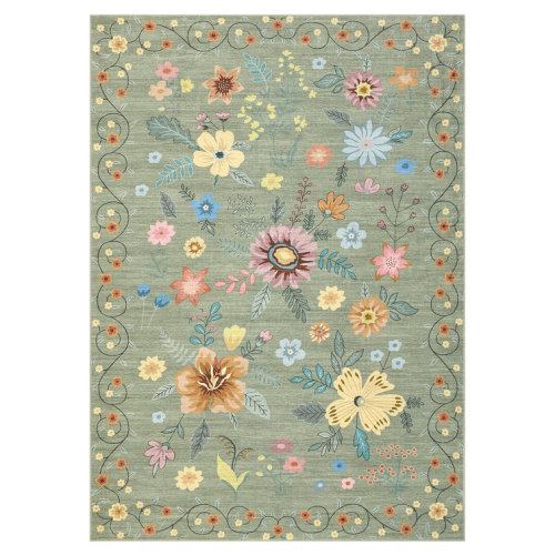 Floral Machine Washable Rug for Living Room Romantic Indoor Carpet for Home Decor Aesthetic Non-Slip Rug for Bedroom Dining Room Office Nursery Playroom Teen Dorm
