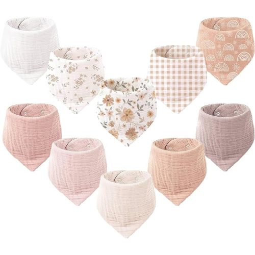 Konssy 10 Pack Baby Muslin Bandana Bibs for Drooling and Teething