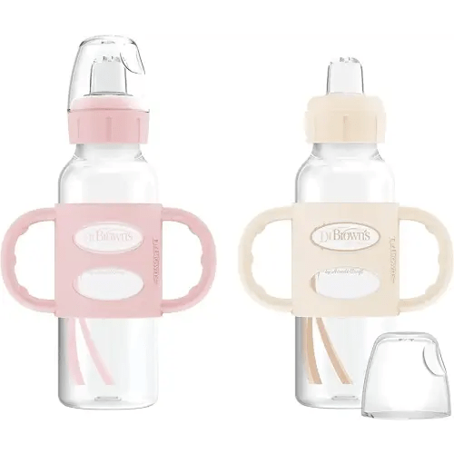 Dr. Brown's Milestones Narrow Sippy Spout Bottle with 100% Silicone, Easy-Grip Handles and Soft Sippy Spout, 8oz/250mL, Light Pink and Ecru, 2-Pack, 6m+