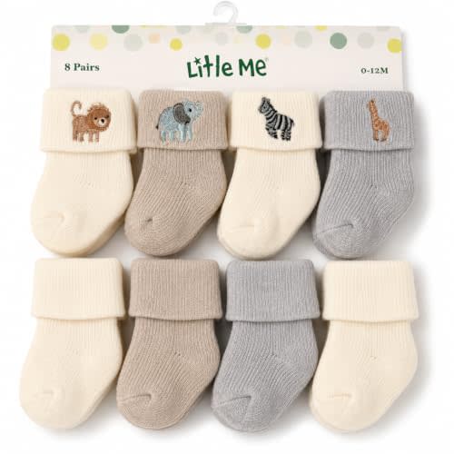 Little Me 8-Pack Baby Socks, Full Cushioned Turncuff Crew Socks, Neutral Safari Animal Design, Unisex Infant Socks, 0-12 Months