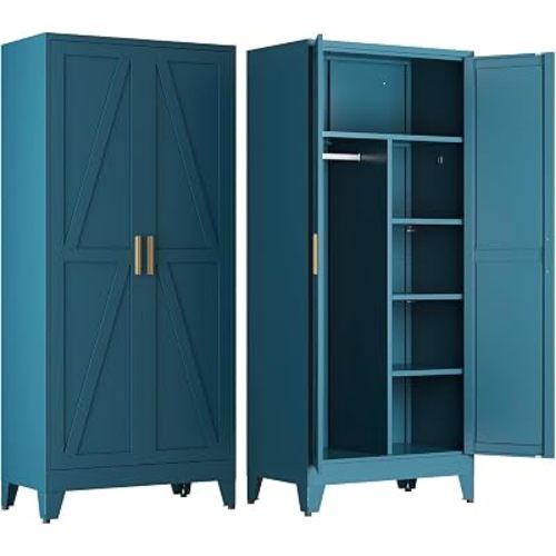 COFaR 71'' Tall Wardrobe Closet with Doors, Metal Bedroom Armoire with Adjustable Hanging Rod and Shelves, Farmhouse Broom Closet Storage Cabinet for Garage Laundry Office, Peacock Blue