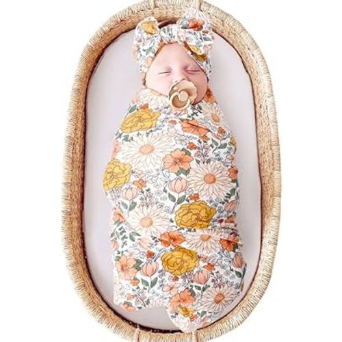 DRESHOW BQUBO Newborn Floral Receiving Blankets Newborn Baby Swaddling with Headband Set Warm Shower Gift