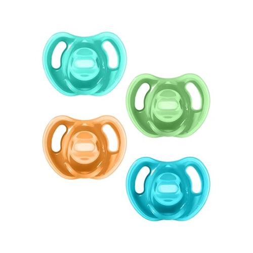 Tommee Tippee Ultra-Light Silicone Pacifier, 0-6 Months, Symmetrical One-Piece Design, BPA-Free Silicone Binkies, Blue/Green/Clear, Pack of 4