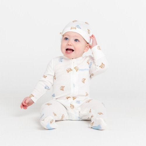 Huggies Babywear Organic Cotton Bear Print Coverall & Beanie Set - White & Blue
