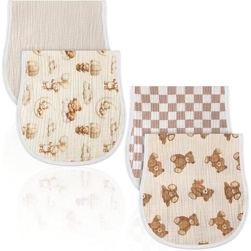 Hahafelt 4 Pcs Bear Baby Burp Cloths 100% Cotton Absorbent & Soft Burping Cloth Newborn Towel 2-in-1 Large Size Baby Spit up Burping Rags Set for Boys and Girls Infant Newborn