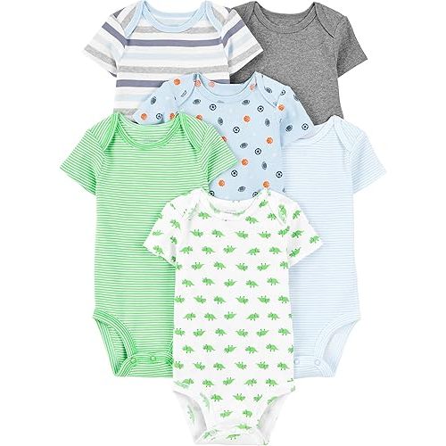 Simple Joys by Carter's Baby Boys' Short-Sleeve Bodysuit, Pack of 6, Multicolor/Dinosaur/Sports/Stripe, Newborn