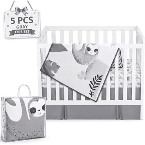 Neutral Baby Crib Bedding Set Boy 28"x52", 8" Deep Pocket - 5 pcs Baby Bedding Set with Comforter, 2 Crib Sets for Boys Cotton Fitted Sheets, Skirt, Changing Pad Cover - White & Gray
