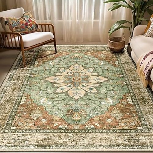 Area Rugs 5'x7' Washable Non-Slip, Floral Vintage Distress Print Pattern Medallion Carpet for Living Room Bedroom Dining Room, Brick Red Rust Neutral Brown Burnt Orange Green