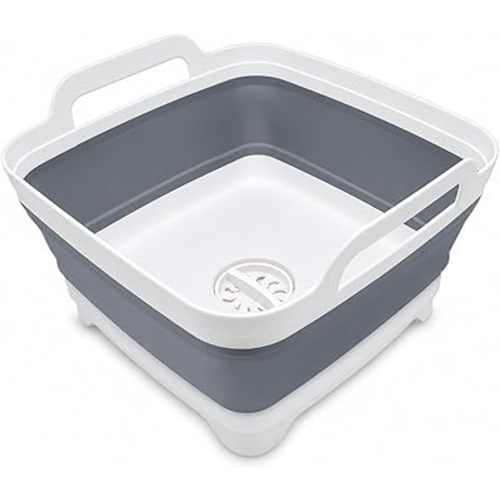 2.4 Gal(9L) Collapsible Dish Basin with Drain Plug, Space Saving Outdoor Multiuse Foldable Sink Tub, Dishpan, Kitchen Storage Tray for Camping, Vegetable Washing, RV (Gray)