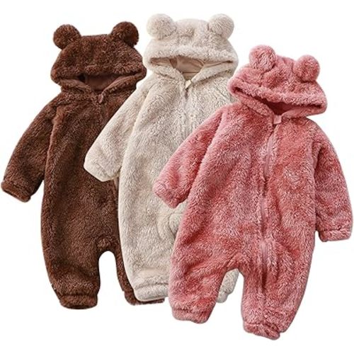 Baby Snowsuit Fluff𝐲 Jumpsuit Hooded Warm Rompers Long Sleeve Zipper Onesi𝐞 Outwear Teddy Bear Onesi𝐞 (Brown, 3-6 Months)