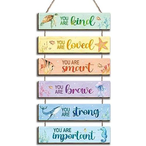 6 Pcs Ocean Decor Kids Room Placards of Wood Decor, Watercolor Ocean Inspirational Positive Quotes Wall Art Hanging Sign for Kids Teens Children Bedroom Princess Toddler Room Nursery Dorm