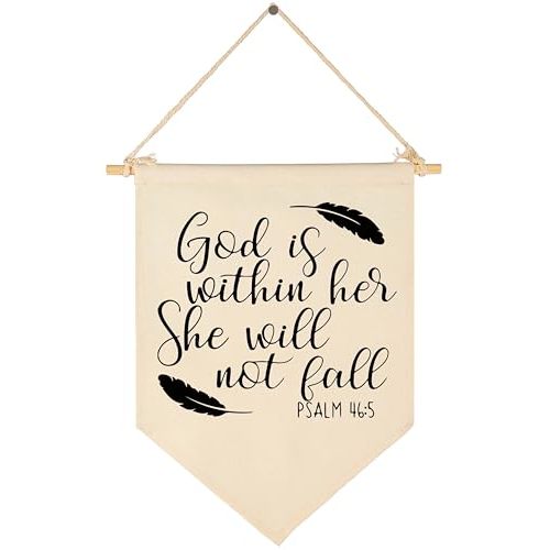 God Is Within Her - Canvas Hanging Flag Banner Wall Sign Decor - Inspirational Gift for Nursery,Kids Room,Living Room,Bedroom,Front Porch Decor - Psalm 46:5 - Bible Verse Scripture Wall Décor -Feather