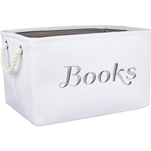 APPLE PIE ORDER Nursery basket, Storage & organizer Bin for Baby, Diapers, Wipes, Books, Toys. White Canvas fabric Decorative Box with Embroidering. (Books - Gray, Medium)