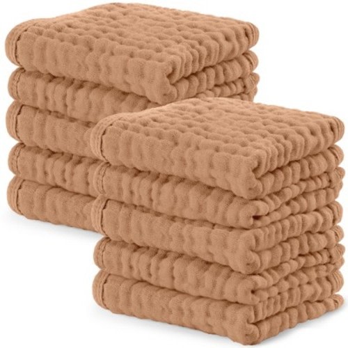 Comfy Cubs Muslin Baby Washcloths 10 Pack - Soft Large 10"x10" 6-Layer Absorbent Cotton - Caramel
