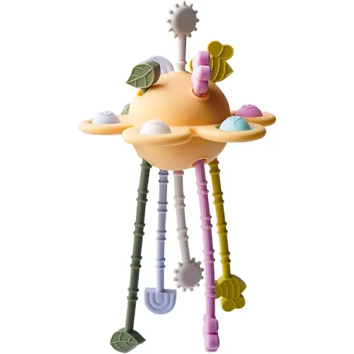 Food Grade Silicone Pull String Baby Toy, Montessori Pull String Sensory Toy for 18 Months Babies Teething Toys,Toddler Fidget Toys Birthday Gift for Infant/Toddler(Yellow)