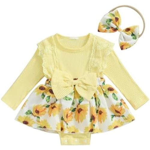 CIYCUIT Baby Girl Fall Winter Outfits Floral Romper Dress Ruffle Long Sleeve Clothes with Bow Headband
